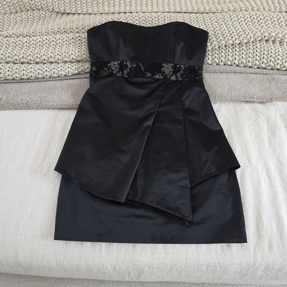 Karen Millen Black Satin Strapless Cocktail, Party Mini Dress, Size 6